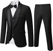 [MY'S] Mens 3-Piece Suit Shawl Lapel One Button Tuxedo Winter Fabric Slim Fit Dinner Jacket Vest Pants & Tie Set