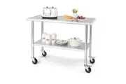 Costway Mobile Food Prep Table Commercial Work Bench Stainless Steel Restaurant Kitchen 122 x 61CM w/Wheels & Adjustable Shelf