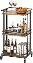 XYZLVSI 3-Tier Rolling Serving Bar Cart, Wood and Metal Kitchen Island Storage Cart with Wheels, Multifunction Utility Cart Storage Rack for Home, Kitchen, Bar, Dinning Room, Living Room (Brown)