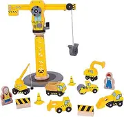 Bigjigs Rail Big Yellow Wooden Crane Construction Play Set with Vehicles & Accessories