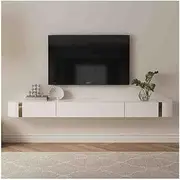 Floating TV Unit Wall Mounted Floating TV Stand for Under TVs, Floating Media Console with 2 Drawers 1 Cabinet, Modern Rubber Wood TV Unit with Tempered Glass Tabletop Floating TV Cabinet(220x24x18cm)