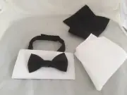 <NEW>Matt Black BOYS Polyester Bow tie + Black & White Hankies Set