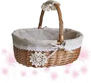 BESPORTBLE 1Pc Woven Storage Basket with Linen Lace Decor Khaki Grey Picnic Holder Durable Wicker Organizer for Snacks Desserts Fruits Weddings Versatile Decorative Container