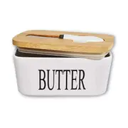 Ceramic French Butter Dish with Lid Knife Holder Container Insulated Storage Box White