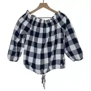 NEW Tommy Hilfiger Blouse Women's Size Small Navy Gingham Off the Shoulder Top
