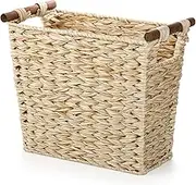 Pumtus Woven Waste Basket, Plastic Wicker Trash Can with Wooden Handles, Rectangular Storage Basket Garbage Container Bin for Bathroom, Office, Kitchen, Home, Laundry, Utility Room, Garage, Flaxen