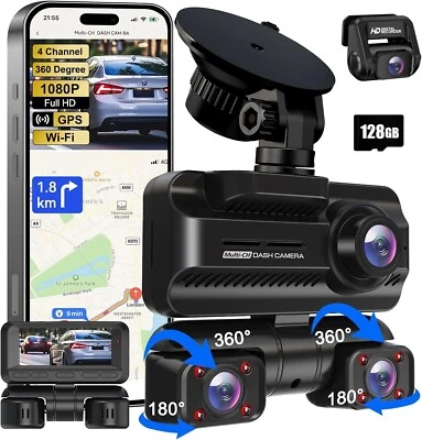 2in1 Dash Cam 4 Channel 360 Camera for Car,Front Rear Inside DashCam, 4K Full HD