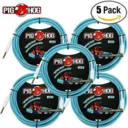 5-PACK Pig Hog 1/4' Straight to 1/4' Right-Angle Daphne Blue Instrument Cable