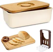 Large Bread Box, Bread storage container With Bamboo Wood Cutting Board, Lid & Bread Slicer Holder, Rectangular Cream Color Bread Container, For Kitchen Countertop, Bread Storage Container