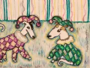 Signed 13x19 Art Print by Artist KSams - Whippet Harlequin Jesters- Dogs