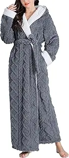 [Flygo] Womens Fuzzy Plush Long Hooded Robe Full Length Flannel Fleece Bathrobe Warm Housecoat