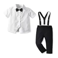 在飛比找Yahoo!奇摩拍賣優惠-90-130男童禮服紳士禮服白色短袖襯衫領結黑色揹帶長褲四件