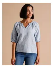 [Regatta] European Linen Blend Short Sleeve Top With Elastic Neck And Cuff In Blue White Textured Stripe