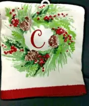 Monogram C Christmas Hand Bath Kitchen Wine Gift Towel Holiday Dishcloth wreath