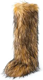 [IXU] Women's Faux Fur Boot Furry Fluffy Round Toe Suede Winter Comfy Plush Warm Short Outdoor Indoor Flat Shoes Knee-High Boots