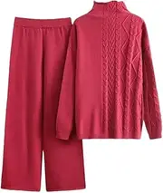 [Generic] Women Winter Knitted Two Piece Sets Retro Pullover Sweater+Wide Leg Pants Sets