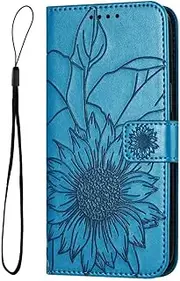 Designed for Samsung Galaxy A31 Magnetic Blue Wallet Case for Women Sunflower Embosse Premium PU Leather Floral Flip Cover with Card Holder Kickstand Feature Protective Purse Case