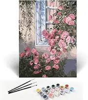 M-Timberwild Flowers on The Windowsill Paint by Numbers Adults, Paint by Numbers Kit Contains Pigments Linen Canvas Brush DIY Oil Painting Warm Gift Home Decoration (Without Frame)
