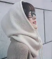 Women Winter Beanie Hat Cashmere Female Knitted Hooded Scarf Balaclava for Women Windproof Warm Wool Cap Beige