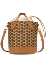 BALLY NWT Pennant Brown Black Faux Leather TPU Canvas Bucket Shoulder Bag Purse