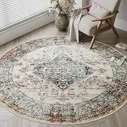 Smarcute Round Rug Distressed Vintage Cezanne Terracotta Multicolour Round Area Rug Indoor Laundry Room Circle Rugs Bedroom Carpet for Living Dining Room Office Nursery, Heirloom Floral - 122 * 122cm
