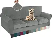 ZNSAYOTX Luxury Velvet Couch Cover 4 Piece Stretch Sofa Covers for 3 Cushion Couch Thick Soft Spandex Sofa Slipcover Living Room Anti Slip Dogs Pet Furniture Protector (Grey), 71"-91"(3 Cushions)