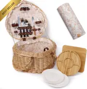 Heart Wicker Picnic Basket for 2 Blanket Bamboo Plate Cheese Board