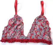 ASOS Paisley Pompom Triangle Bra, Red, Small MSRP $28.00