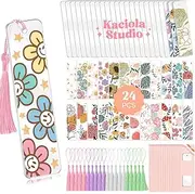 Kaciola 24PCS Acrylic Bookmark Blanks with 24PCS Flowers Theme UV DTF Stickers and 4 Colors Tassels,Blank Bookmarks Waterproof UV DTF Transfers Stickers for DIY Crafts Hanging Tag Gift Bookmarks DIY