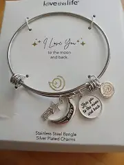 Kohl's Love This Life Stainless Steel Bangle Bracelet Silver Plated Charms NWT