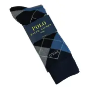 Polo Ralph Lauren 3 Pairs Argyle & Solid Socks Men's 10-13 Navy Blue Gray White