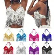 Belly Dance Sequin Fringe Halter Top, Nightclub Dance Wear, Show Costumes