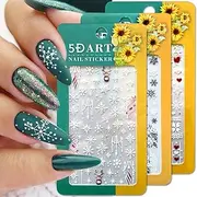 5D Christmas Nail Stickers, White Snowflake Nail Art Stickers Embossed Self Adhesive Nail Decals Winter Nail Design for Christmas Nail Decorations DIY Manicure Xmas Nail Supplies, 6 Sheets/Set