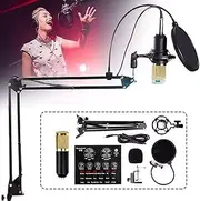 Sound Card Audio Set with Microphone, Live Sound Card Bundle, Adjustable Mic Suspension Scissor Arm, for Live Streaming, Games, Recordingames, Recording DDF