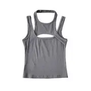 Mock Two-Piece Cutout Plain Ribbed Crop Tank Top Gray - S
