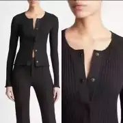 Vince. Vince Ribbed Knit Snap-Front Long-Sleeve Top Womens XL Black Classic Fit