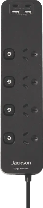 Jackson 4 Way Fast Charge USB-C/A Surge Protected Powerboard