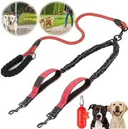 Norhogo 360° Swivel Heavy Duty Reflective Lead with Padded Handles Dual Dog Splitter, Double dog leash without knots, Double Dog Leash for Walking 2 Dogs,Comes with a bin bag organiser (Red,8-35lbs-M)