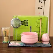 Matcha Whisk Set - 7Pcs Ceramic Matcha Kit for Traditional Tea Ceremony with Handcrafted Matcha Bowl, Bamboo Whisk, Holder, Bamboo Scoop, Scoop Rest - Japanese Tea Kit for Matcha Lovers, Pink Pot