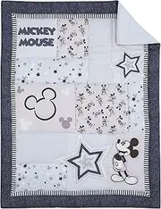 Disney Mickey Mouse - Timeless Mickey Blue, Gray, & White Stars & Icons 3Piece Nursery Crib Bedding Set - Comforter, Fitted Crib Sheet, & Crib Skirt, Navy, Light Blue, Grey, White