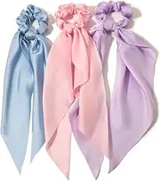 3PCS Hair Scarf Scruncheis for Women Knotted Bow Hair Ties Elastic Bands Satin Hair Ribbon Scrunchy Red Ponytail Holder for Women and Girls (Blue Lilac Pink)