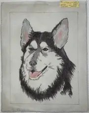 Hand-Painted Black White ALASKAN MALAMUTE DOG Needlepoint Canvas 12" x 16"
