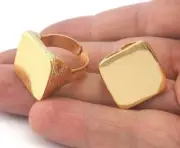 Ring Signet Shiny Gold Plated Brass Streaked Square Blank Adjustable Size 9