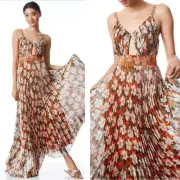 Alice + Olivia Gloria Chain Strap Pleated Metallic Floral Maxi Dress Size 2
