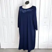 Bob Mackie Dress Plus Size 3X Navy 3/4 Sleeve Embroidered Round Neck