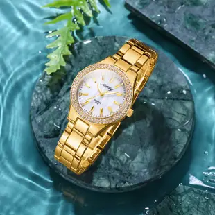 Nary 時尚女士手錶奢華水鑽女士黃金手錶不銹鋼防水石英手錶女士