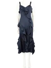 Navy Feather Ruffle Trim Midi Dress