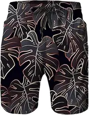 [Airmark] Mens Swim Trunks,Quick Dry Bathing Suits Summer Board Beach Shorts with Mesh Lining, Palm Leaves Gold, Small