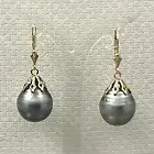14k Yellow Gold Grey Baroque Tahitian Pearl Leverback Dangle Earrings