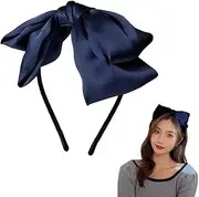 Navy Blue Satin Bow Headband for Women and Girls - Silk Bowknot Hair Accessories - Knotted Hair Band Headwear